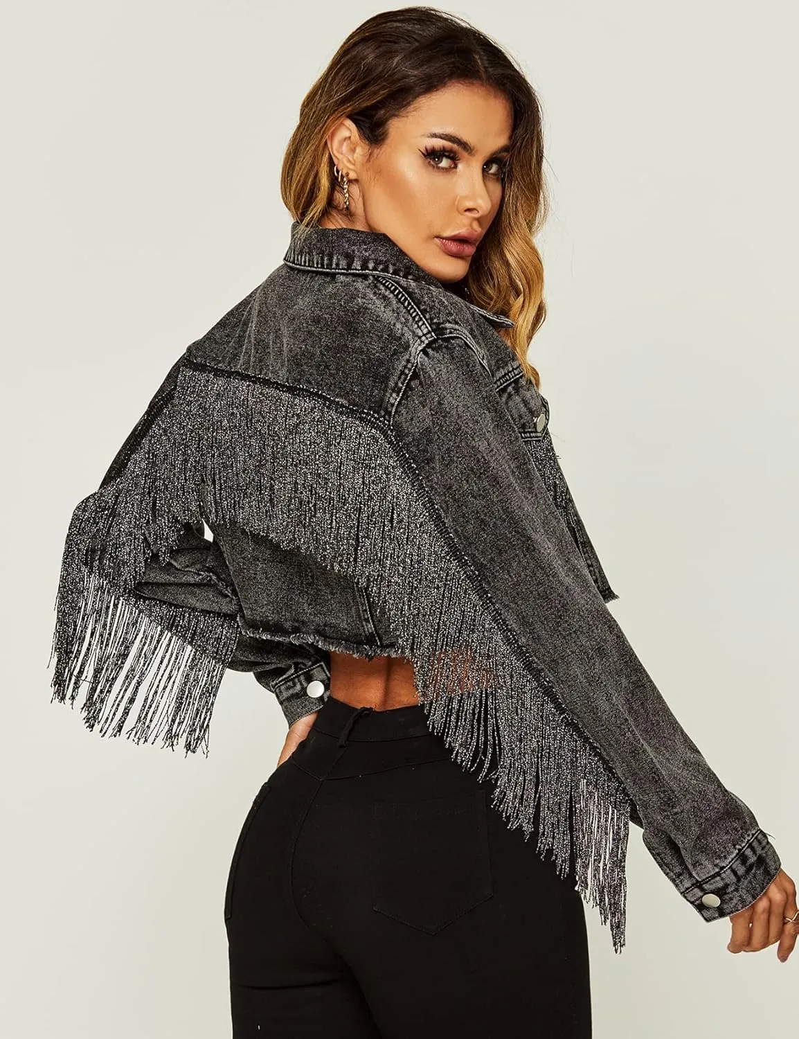 PEHMEA Women's Fringe Denim Jacket Frayed Hem Ripped Button Down Cropped Jean Jacket