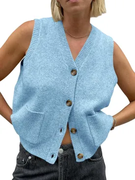 Saodimallsu Womens Sleeveless Sweater Vest Button V Neck Knit Trendy Casual Summer Cardigan with Pockets