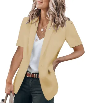 Summer Blazers for Women Lightweight Casual Lapel One Button Short Sleeve Jacket Business Open Front Office Blazers