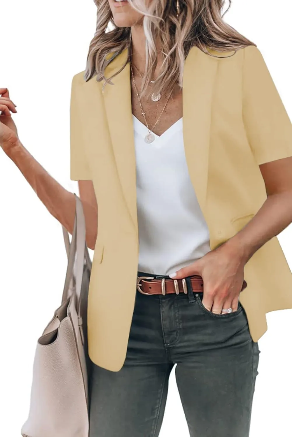 Summer Blazers for Women Lightweight Casual Lapel One Button Short Sleeve Jacket Business Open Front Office Blazers