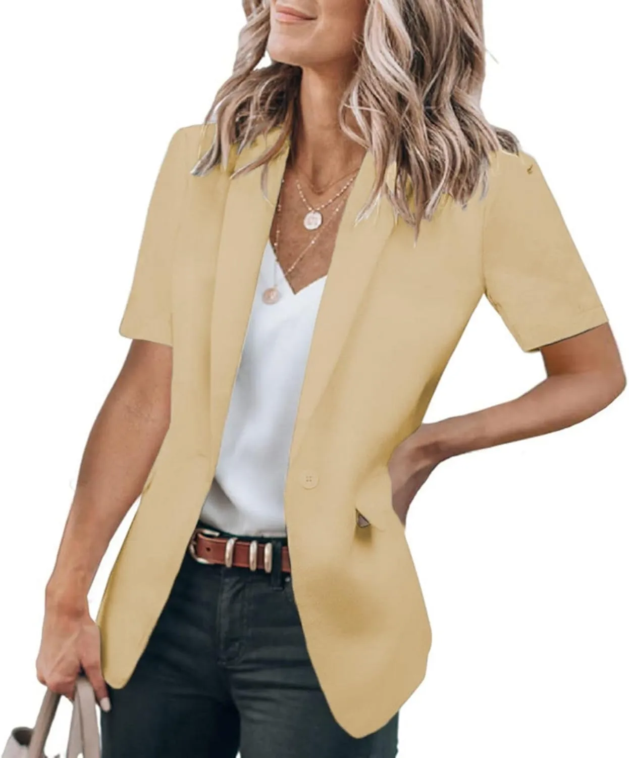 Summer Blazers for Women Lightweight Casual Lapel One Button Short Sleeve Jacket Business Open Front Office Blazers
