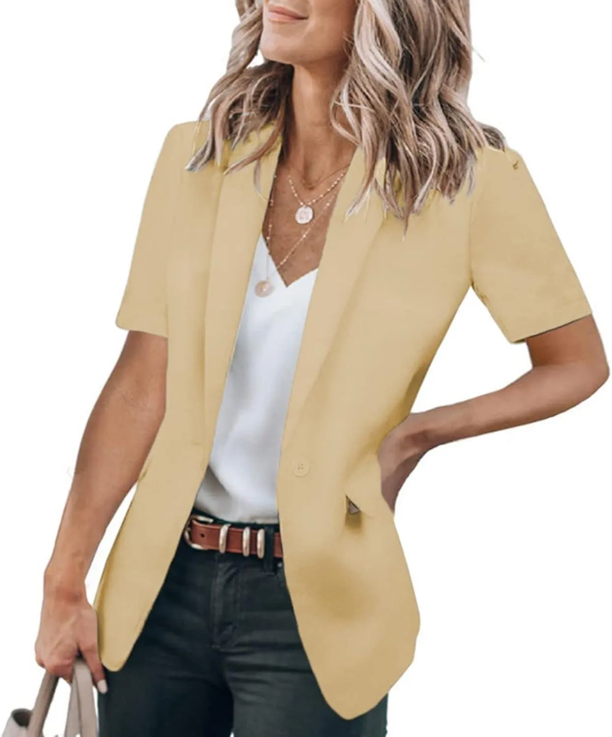 Summer Blazers for Women Lightweight Casual Lapel One Button Short Sleeve Jacket Business Open Front Office Blazers