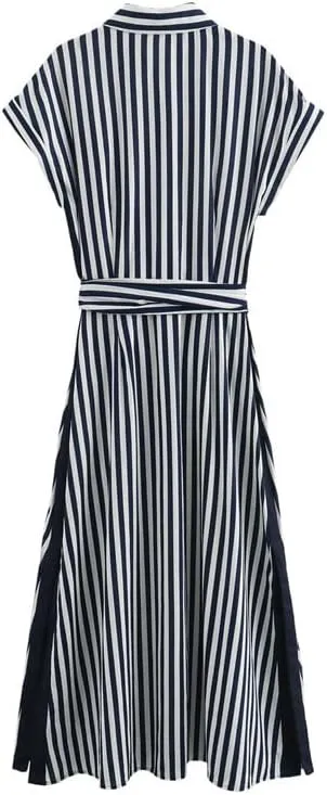 utcoco Womens 2025 Stripes Shirt Dress Casual Short Sleeve Button Down Belted Vacation Midi Dress