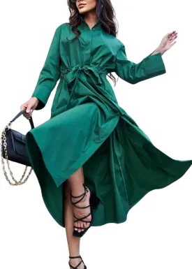 utcoco Women's 2025 Trendy Long Sleeve Cotton Maxi Shirt Dress Tie Waist Button Down Dress with Pockets