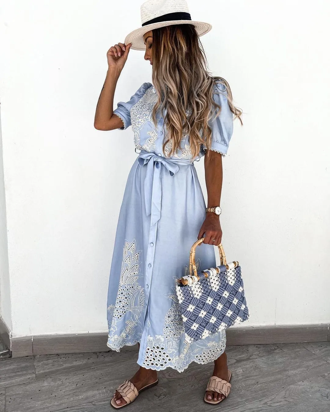 utcoco Women's Embroidered Eyelet Shirt Dresses Belted Puff Sleeve Button Down Swing Boho Cotton Maxi Shirt Dress