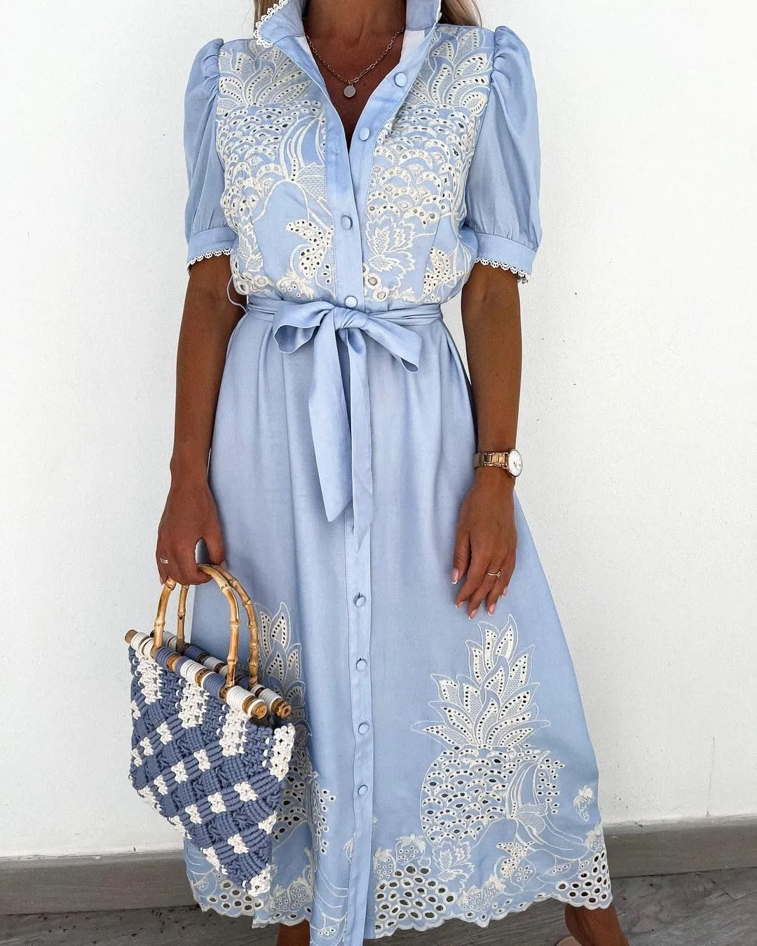utcoco Women's Embroidered Eyelet Shirt Dresses Belted Puff Sleeve Button Down Swing Boho Cotton Maxi Shirt Dress