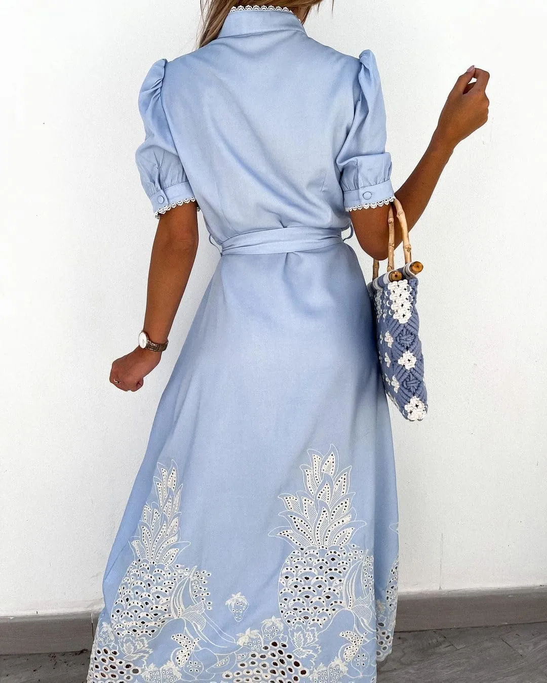 utcoco Women's Embroidered Eyelet Shirt Dresses Belted Puff Sleeve Button Down Swing Boho Cotton Maxi Shirt Dress