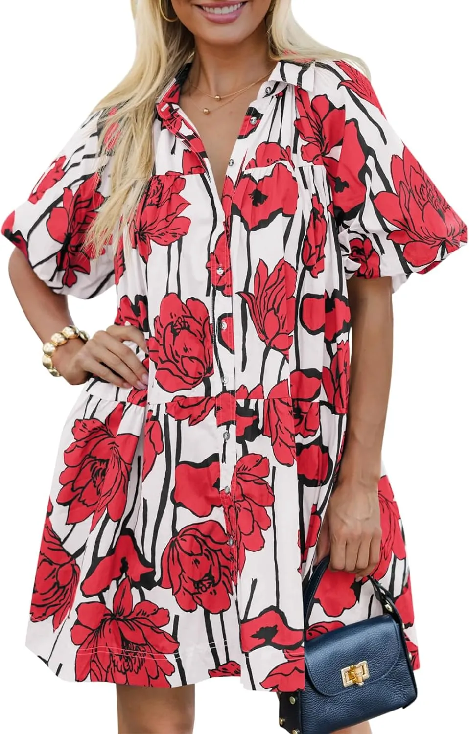 Wenrine Women's Summer Button Down Shirt Dress Floral Puff Short Sleeve Casual Loose Fit Beach Mini Dresses