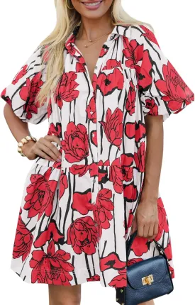 Wenrine Women's Summer Button Down Shirt Dress Floral Puff Short Sleeve Casual Loose Fit Beach Mini Dresses