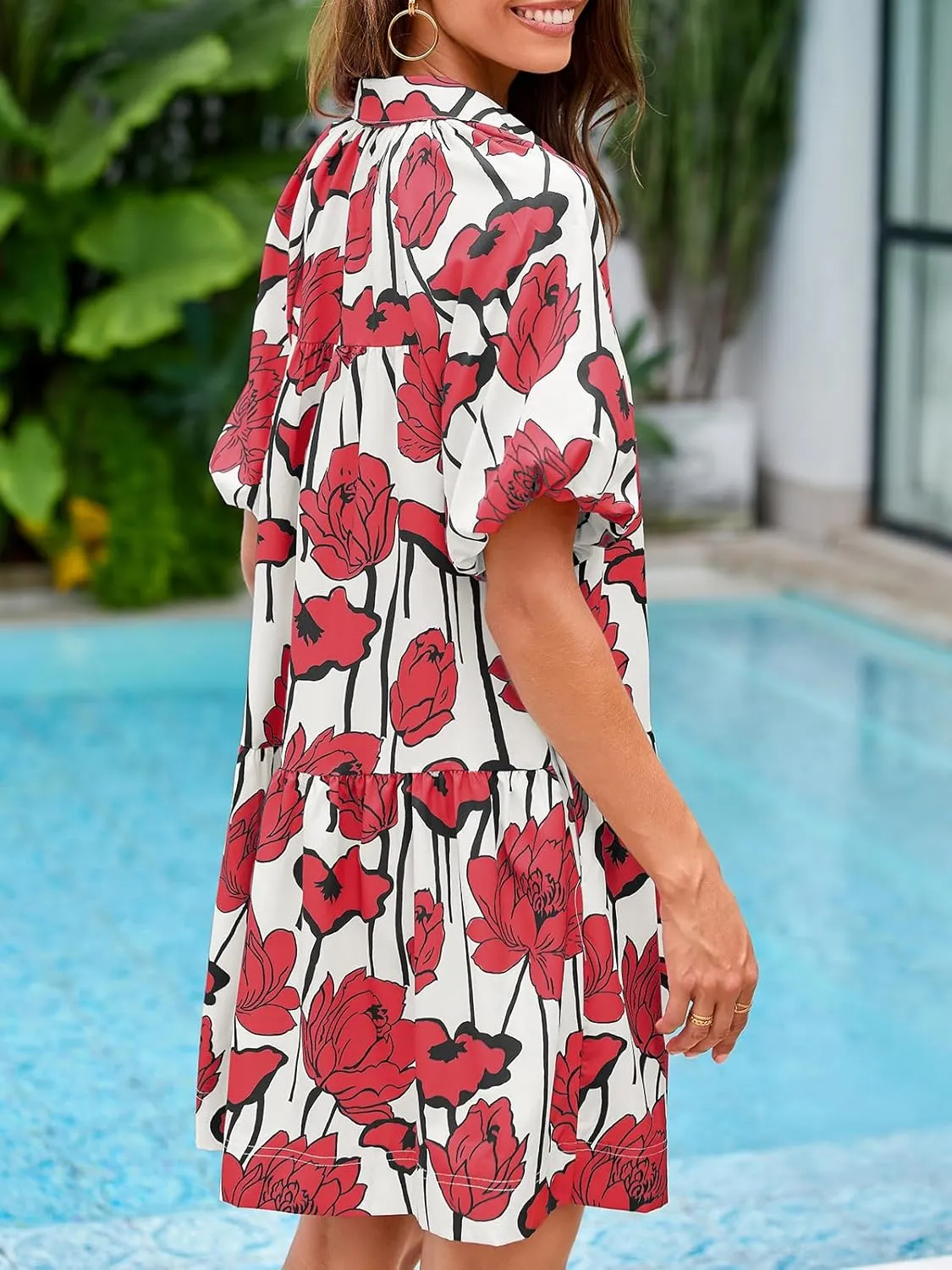 Wenrine Women's Summer Button Down Shirt Dress Floral Puff Short Sleeve Casual Loose Fit Beach Mini Dresses