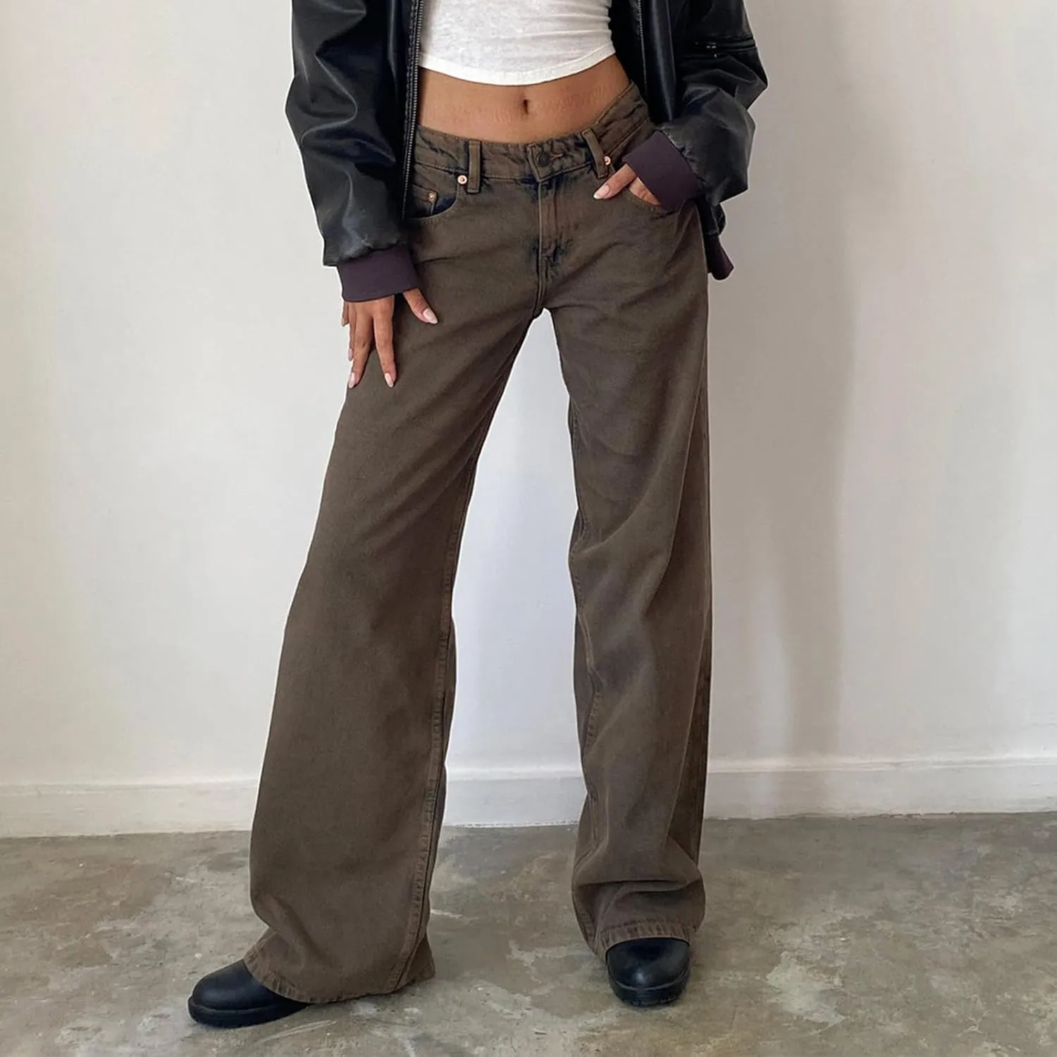 Women Jeans Low Rise Baggy Straight Wide Leg Jeans Vintage Casual Y2K Loose Boyfriend Denim Pants with Pockets