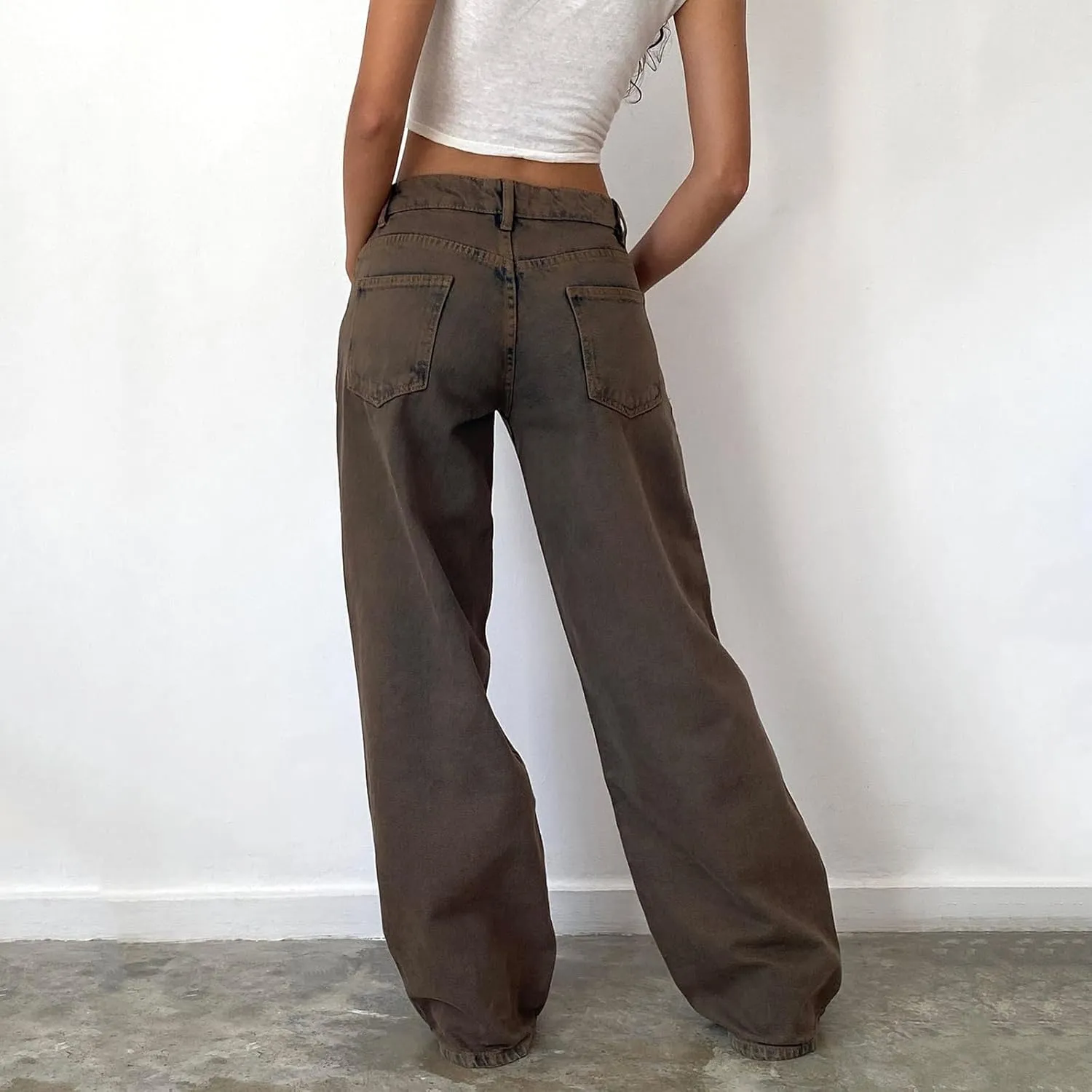 Women Jeans Low Rise Baggy Straight Wide Leg Jeans Vintage Casual Y2K Loose Boyfriend Denim Pants with Pockets