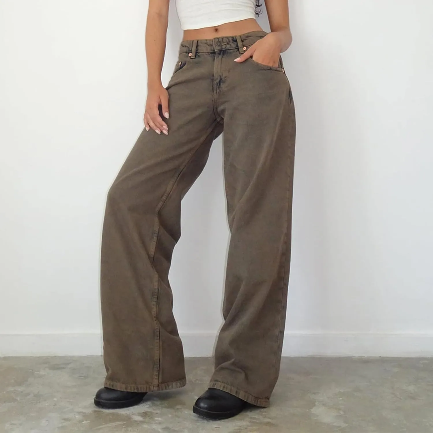 Women Jeans Low Rise Baggy Straight Wide Leg Jeans Vintage Casual Y2K Loose Boyfriend Denim Pants with Pockets