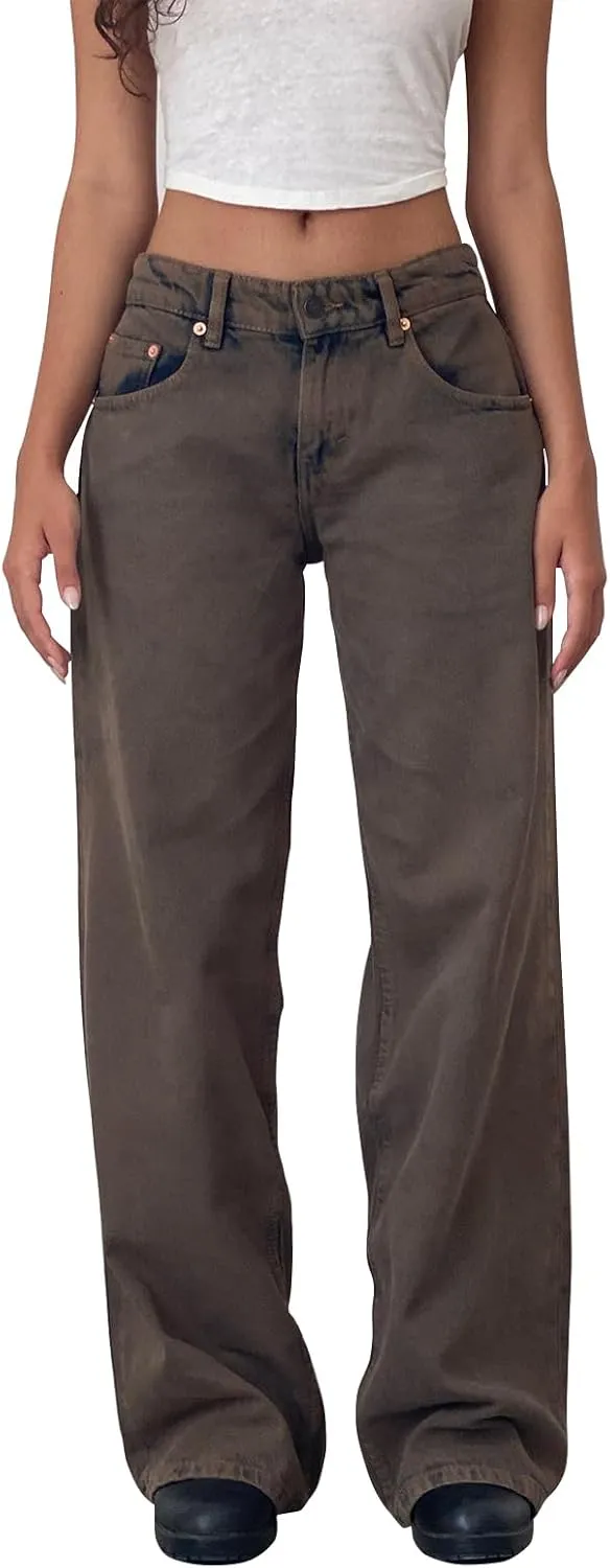 Women Jeans Low Rise Baggy Straight Wide Leg Jeans Vintage Casual Y2K Loose Boyfriend Denim Pants with Pockets