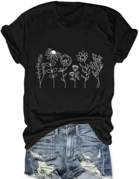 Women Vintage Wildflower T Shirt Funny Sun Mystical Shirts Boho Graphic Tees Short Sleeve Tops