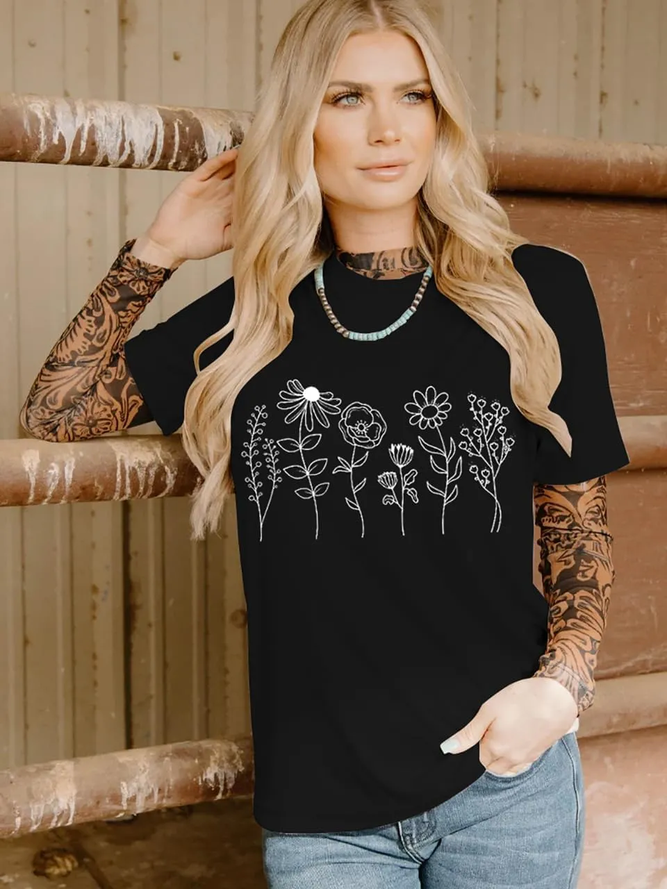 Women Vintage Wildflower T Shirt Funny Sun Mystical Shirts Boho Graphic Tees Short Sleeve Tops
