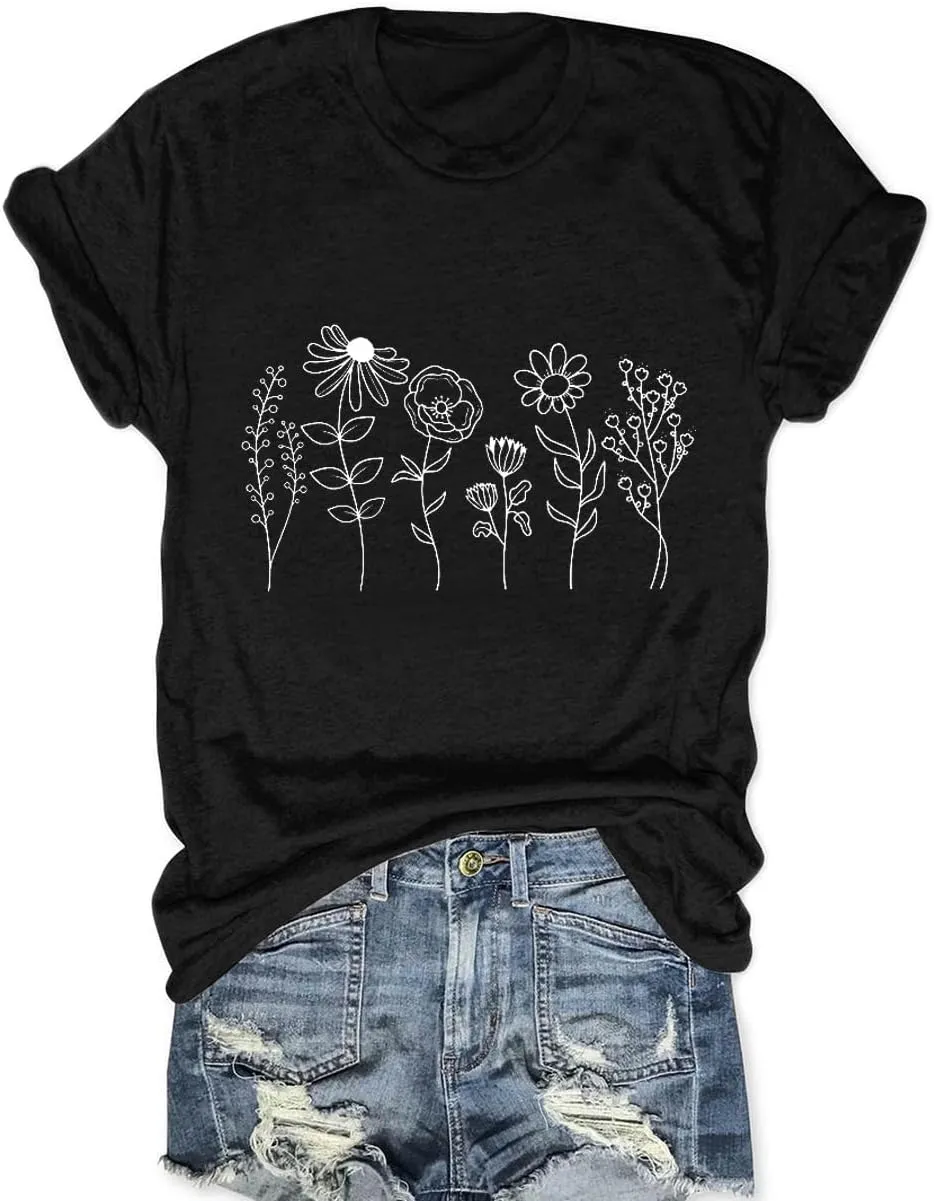 Women Vintage Wildflower T Shirt Funny Sun Mystical Shirts Boho Graphic Tees Short Sleeve Tops