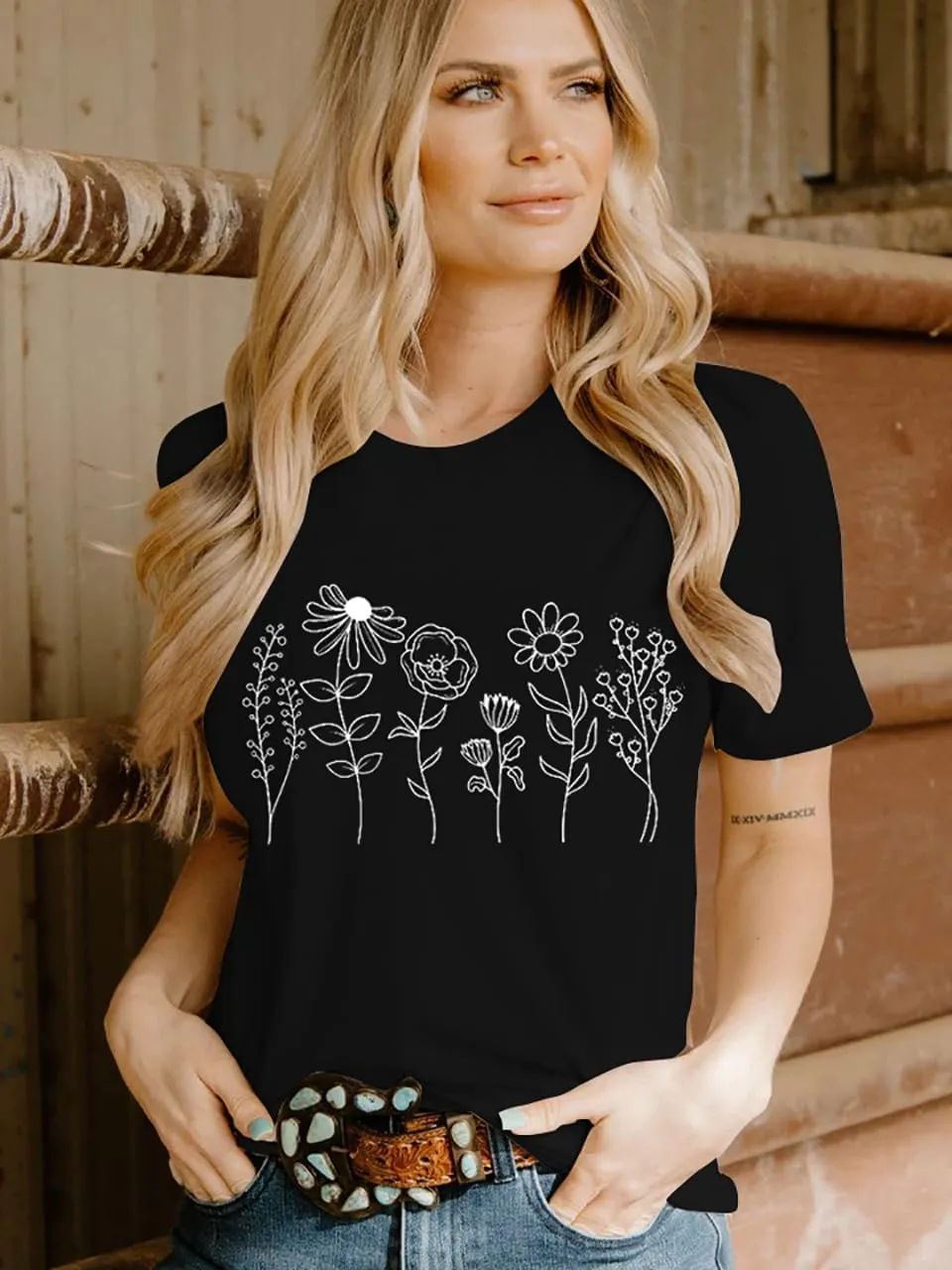 Women Vintage Wildflower T Shirt Funny Sun Mystical Shirts Boho Graphic Tees Short Sleeve Tops
