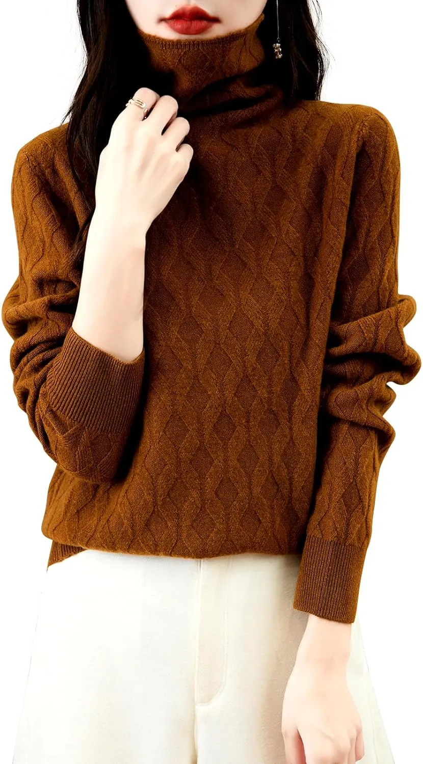 Women's 100% Merino Wool Sweater 2025 Fall Winter Solid Turtleneck Long Sleeve Knitted Pullover Sweater Jumper