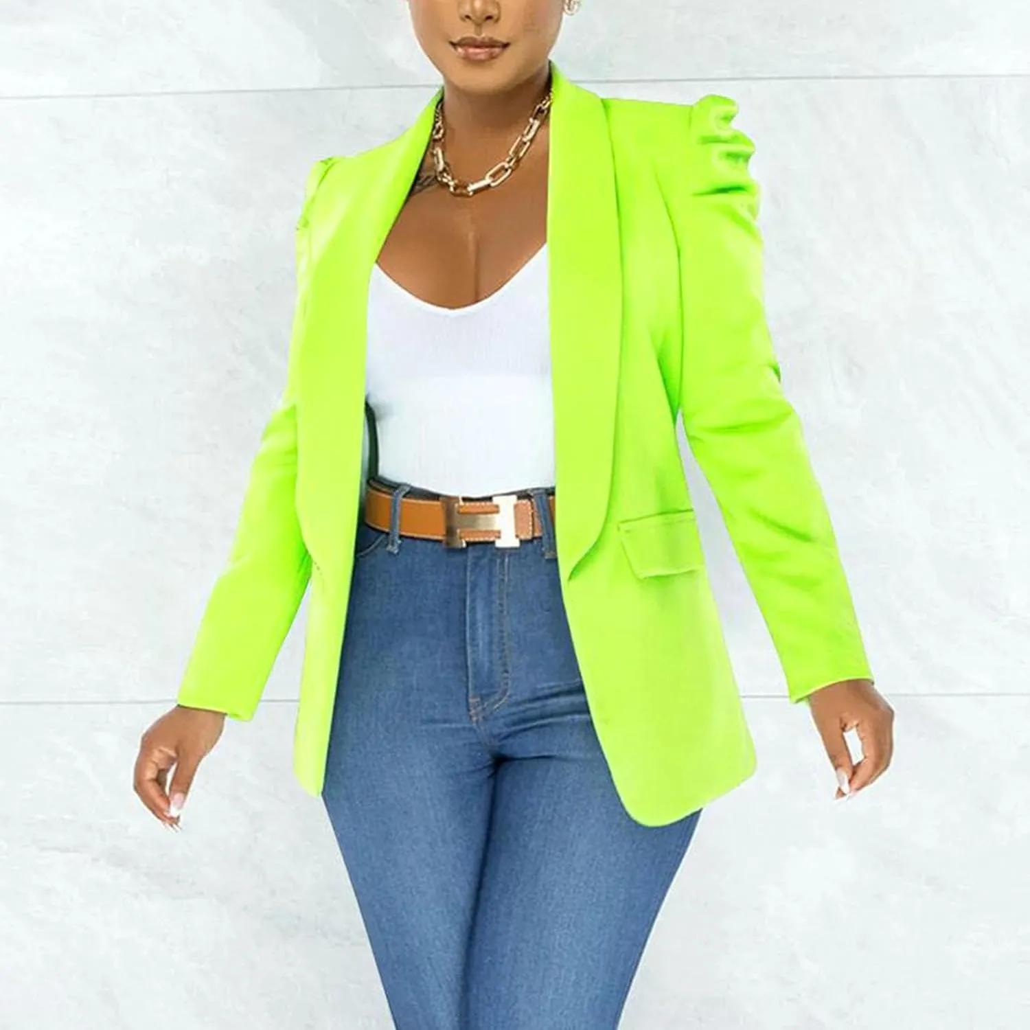 Women's Dressy Blazer Open Front Blazer Plus Size Business Casual Cardigan Blazer Puff Sleeve Blazer Jacket Outerwear