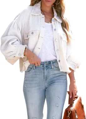 Womens Frayed Hem Waffle Knit Spliced Jean Jacket Crop Boyfriend Denim Jacket Button Down Shirt Jacket Tops