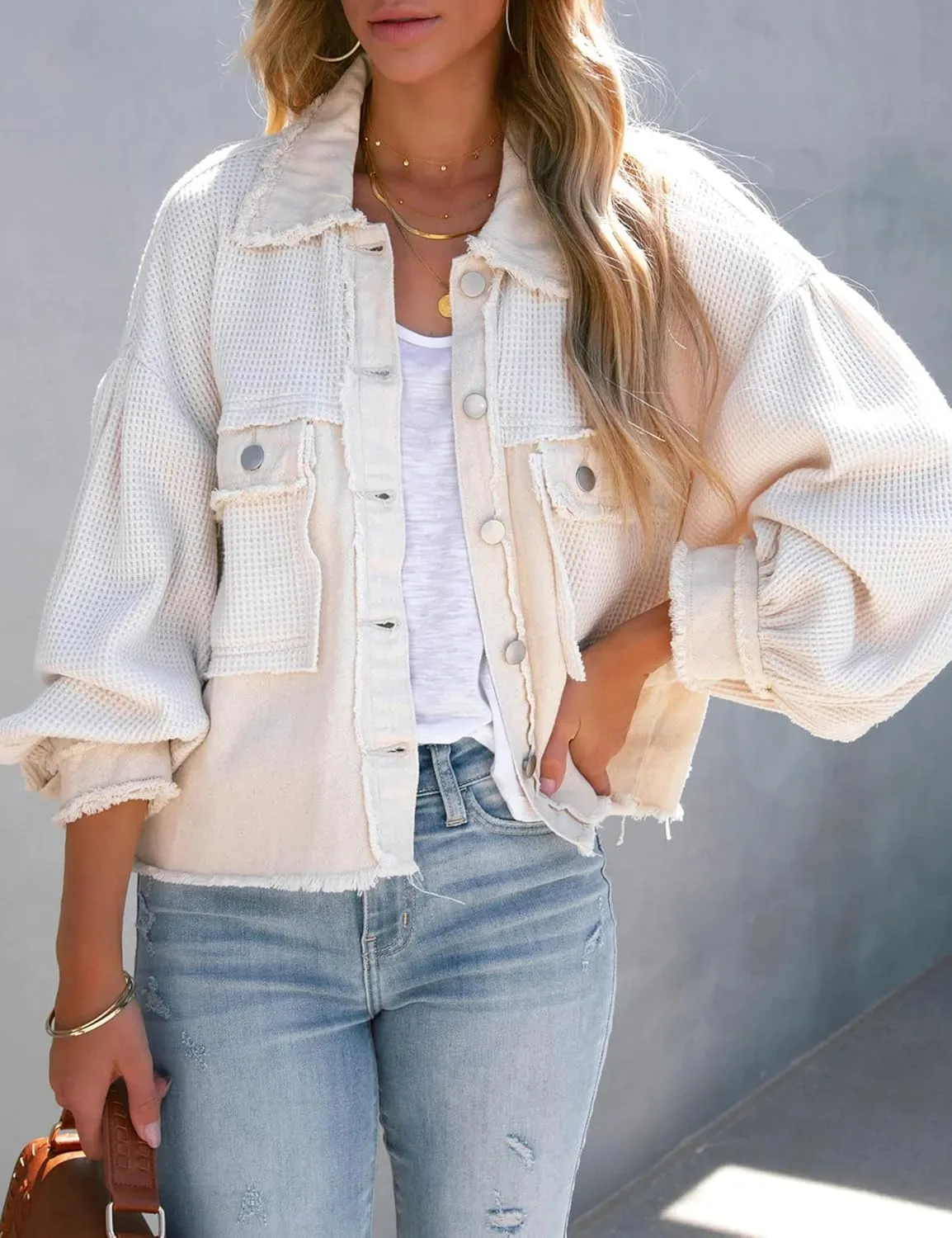 Womens Frayed Hem Waffle Knit Spliced Jean Jacket Crop Boyfriend Denim Jacket Button Down Shirt Jacket Tops