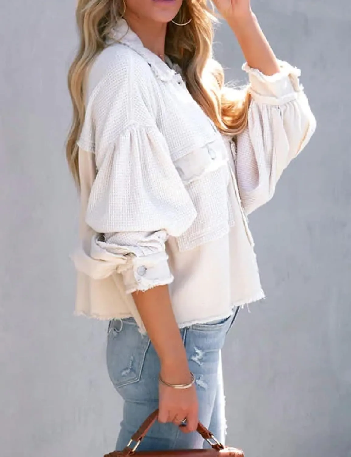 Womens Frayed Hem Waffle Knit Spliced Jean Jacket Crop Boyfriend Denim Jacket Button Down Shirt Jacket Tops