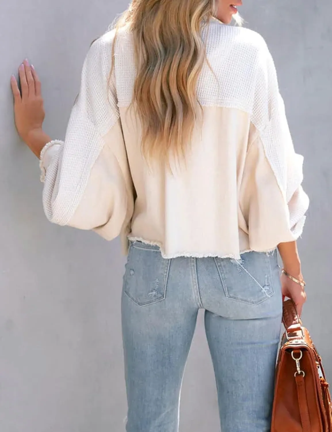 Womens Frayed Hem Waffle Knit Spliced Jean Jacket Crop Boyfriend Denim Jacket Button Down Shirt Jacket Tops