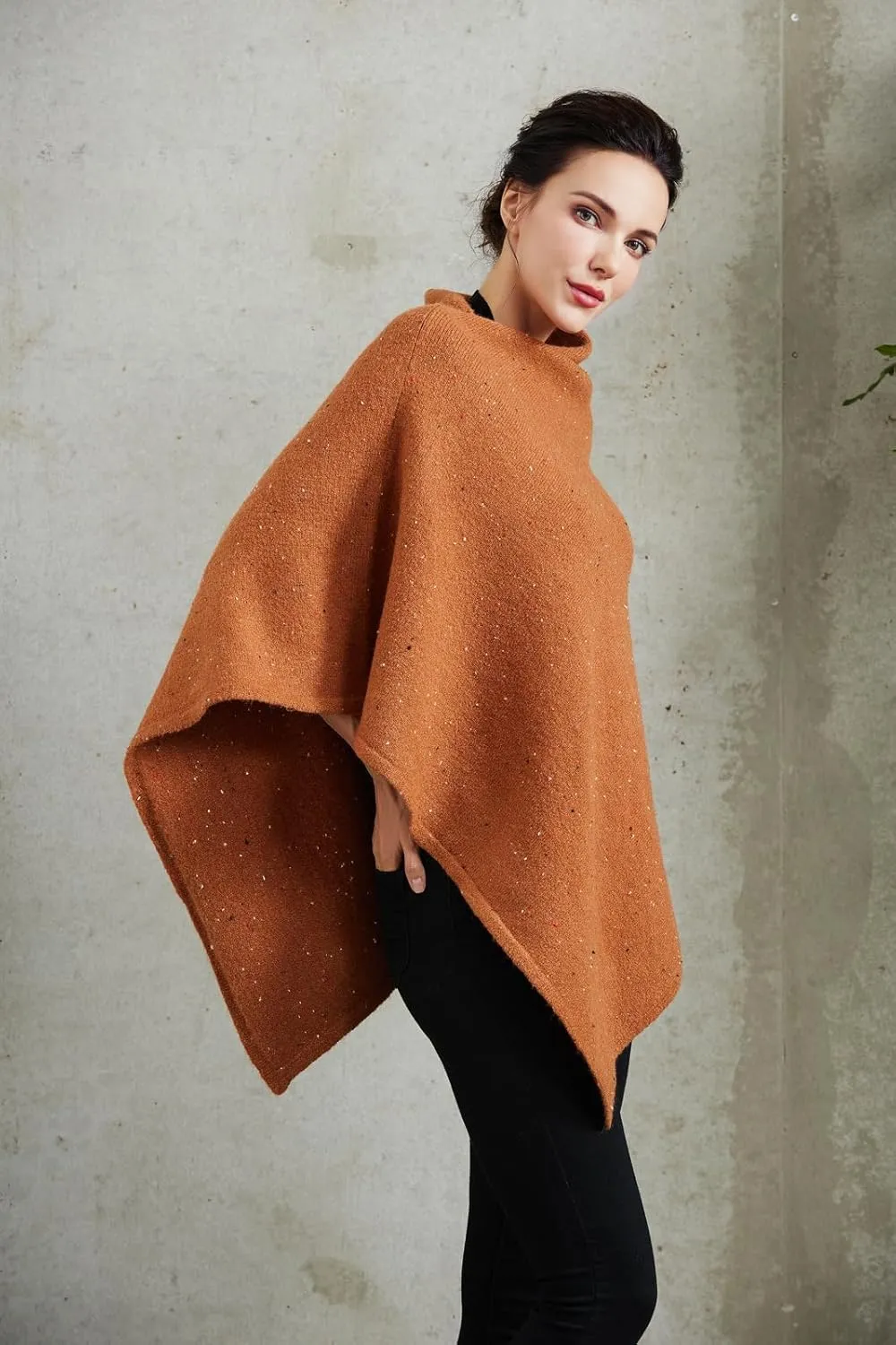 Women's Heaps Collar Bohemian Poncho Sweater Knitted Cape Irregular Hem Wrap Pullover for Spring Fall Winter