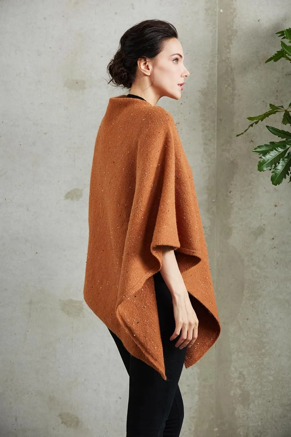 Women's Heaps Collar Bohemian Poncho Sweater Knitted Cape Irregular Hem Wrap Pullover for Spring Fall Winter