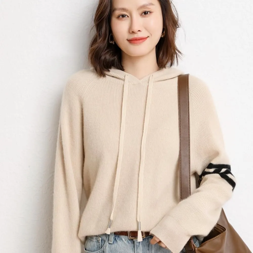 Women's Long Sleeve Hoodie Cashmere and Wool Blend Pullover Tops Sweater