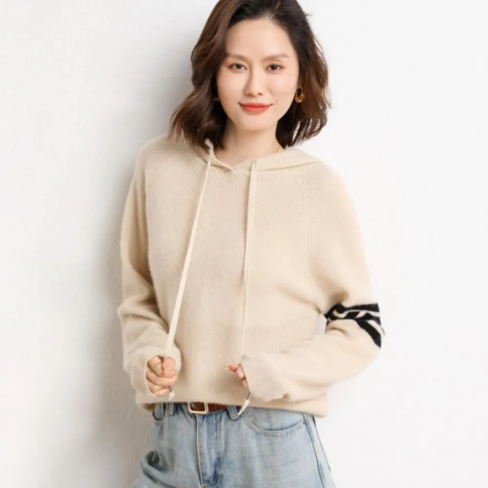 Women's Long Sleeve Hoodie Cashmere and Wool Blend Pullover Tops Sweater
