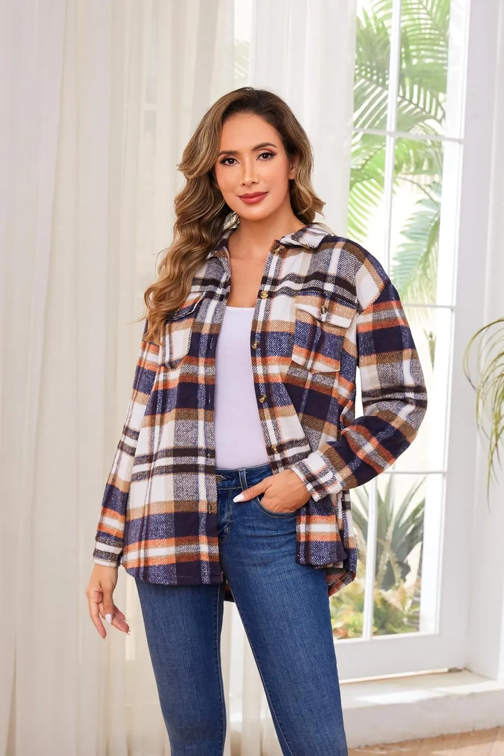 Women's Plaid Shacket Jacket Long Sleeve Button Down Shirt Outfits for Women
