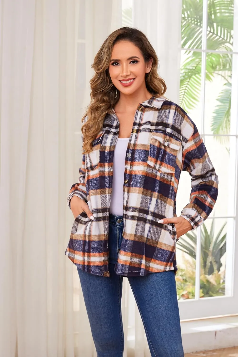 Women's Plaid Shacket Jacket Long Sleeve Button Down Shirt Outfits for Women