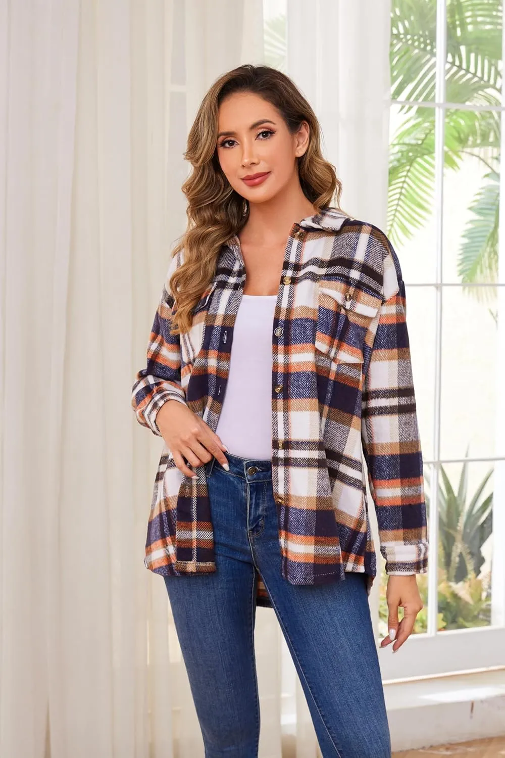 Women's Plaid Shacket Jacket Long Sleeve Button Down Shirt Outfits for Women