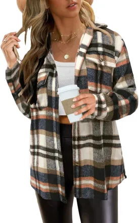 Women's Plaid Shacket Jacket Long Sleeve Button Down Shirt Outfits for Women