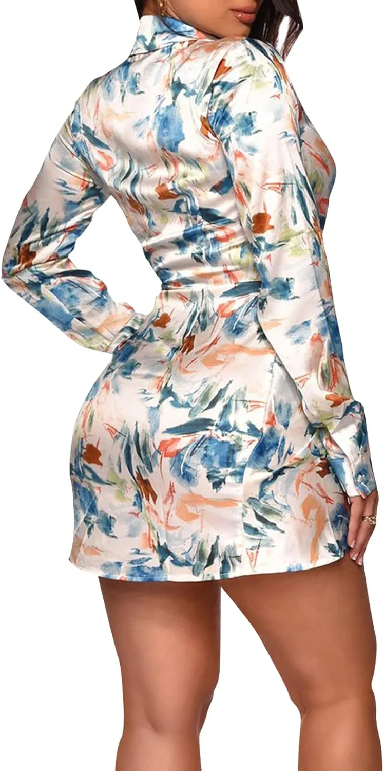 Women's Sexy Faux Wrap V Neck Collar Long Sleeve Mini Shirt Dress Casual Loose Blouses