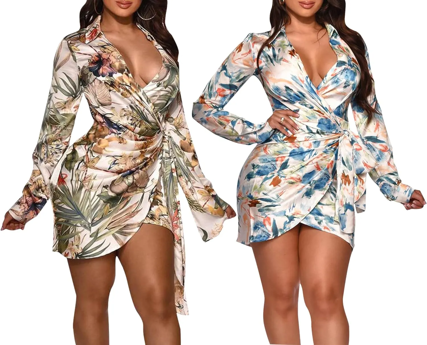 Women's Sexy Faux Wrap V Neck Collar Long Sleeve Mini Shirt Dress Casual Loose Blouses