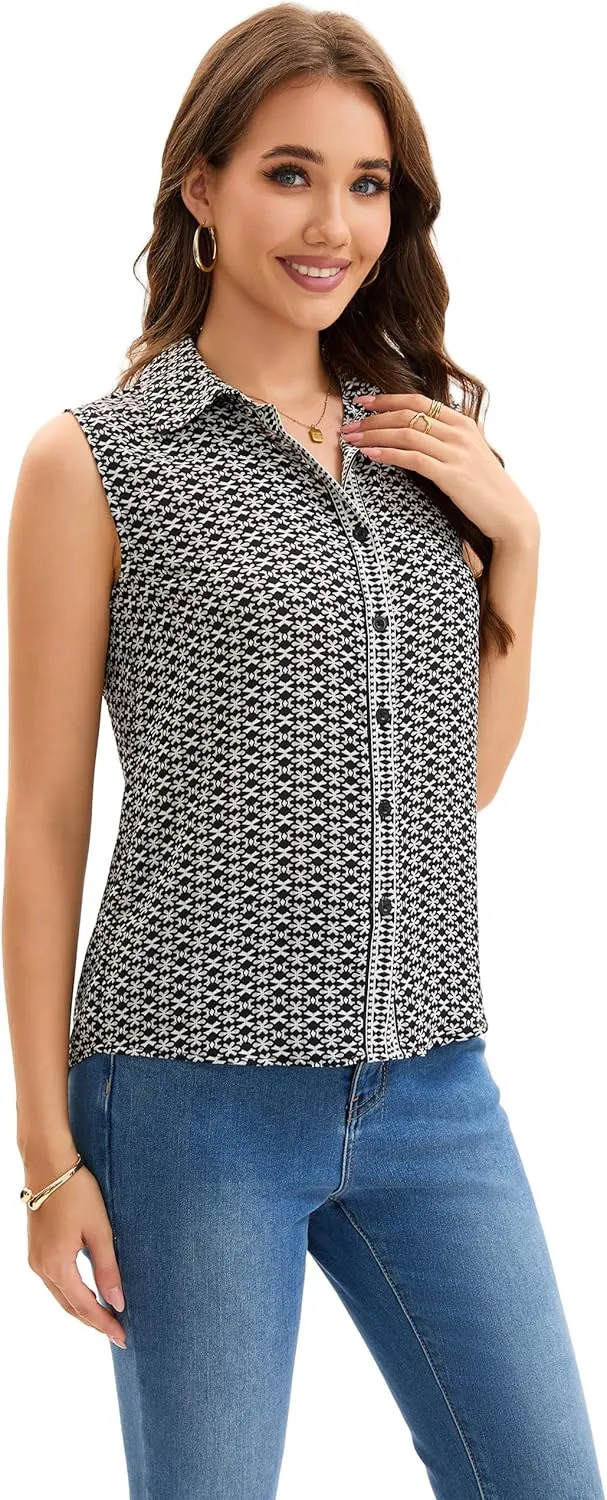 Womens Sleeveless Button Down Shirts Casual Collared Tank Top V Neck Summer Blouses Work Office Chiffon Tops
