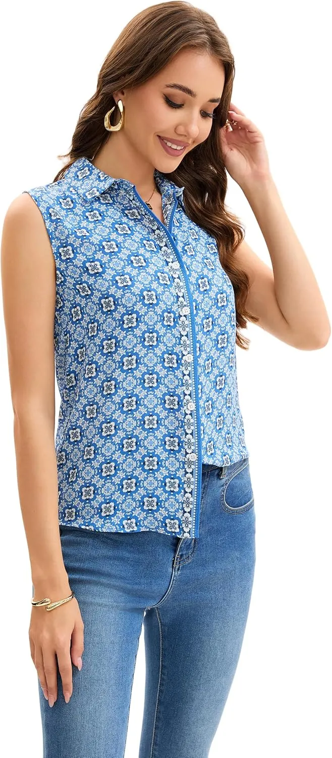 Womens Sleeveless Button Down Shirts Casual Collared Tank Top V Neck Summer Blouses Work Office Chiffon Tops