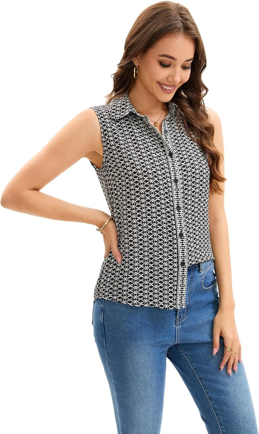 Womens Sleeveless Button Down Shirts Casual Collared Tank Top V Neck Summer Blouses Work Office Chiffon Tops