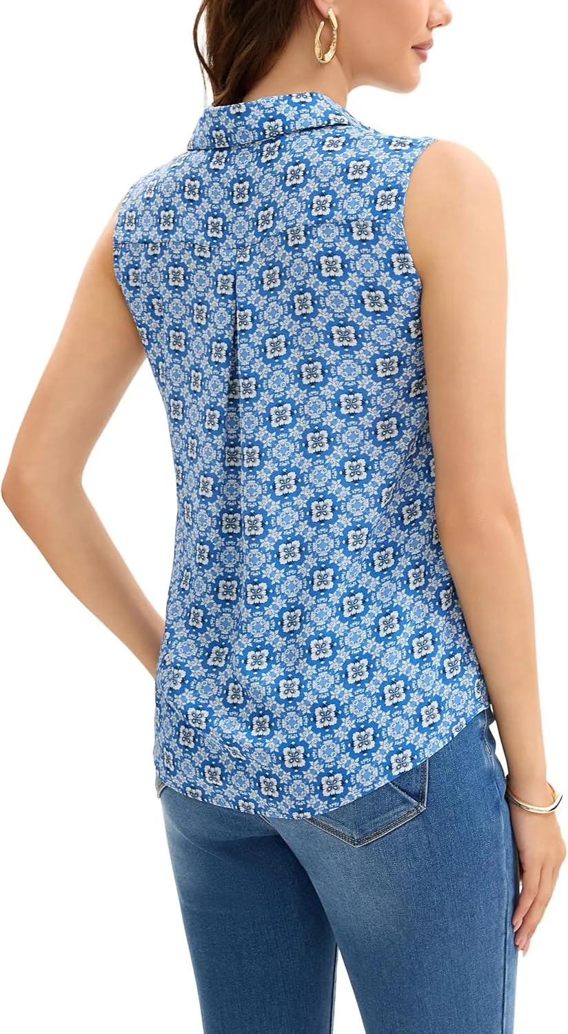 Womens Sleeveless Button Down Shirts Casual Collared Tank Top V Neck Summer Blouses Work Office Chiffon Tops