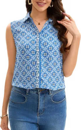 Womens Sleeveless Button Down Shirts Casual Collared Tank Top V Neck Summer Blouses Work Office Chiffon Tops