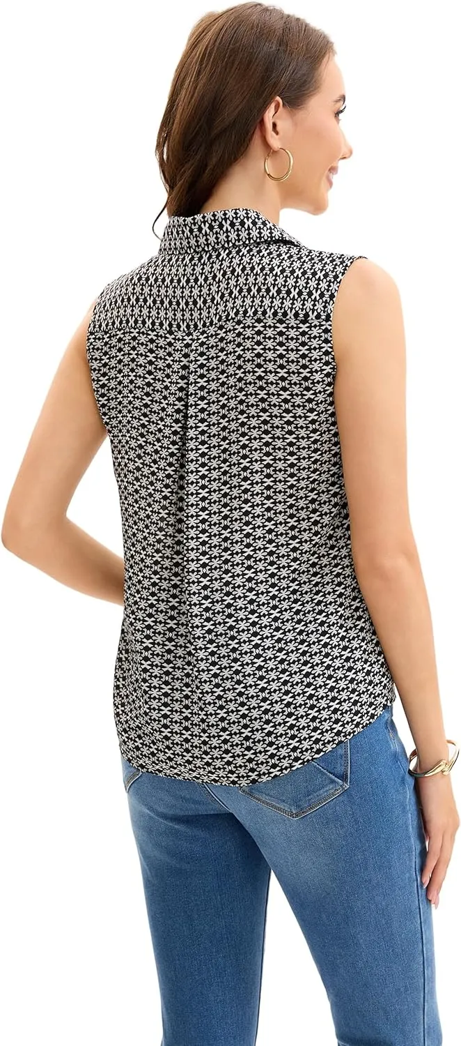 Womens Sleeveless Button Down Shirts Casual Collared Tank Top V Neck Summer Blouses Work Office Chiffon Tops