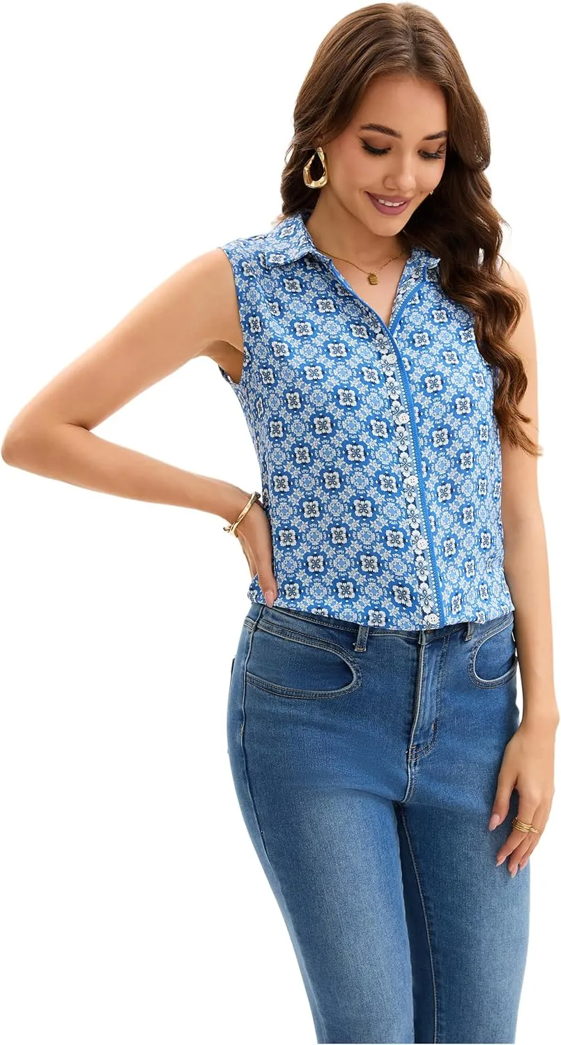 Womens Sleeveless Button Down Shirts Casual Collared Tank Top V Neck Summer Blouses Work Office Chiffon Tops