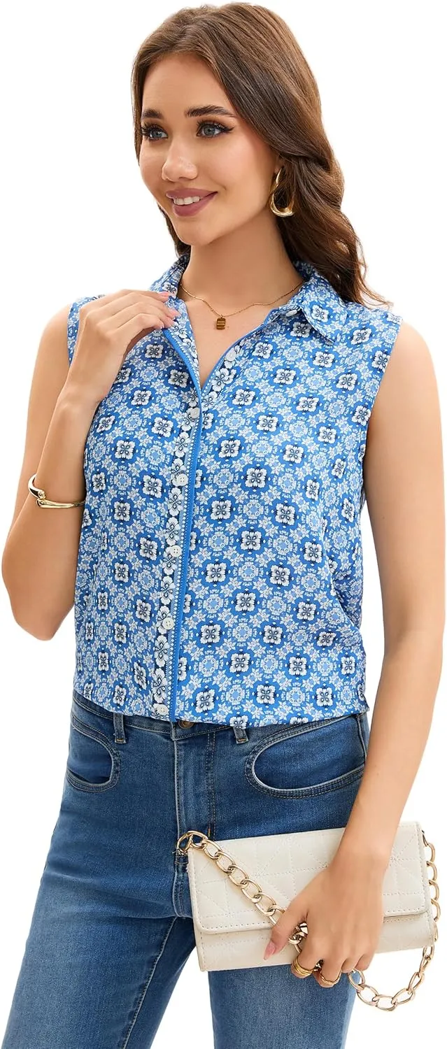 Womens Sleeveless Button Down Shirts Casual Collared Tank Top V Neck Summer Blouses Work Office Chiffon Tops