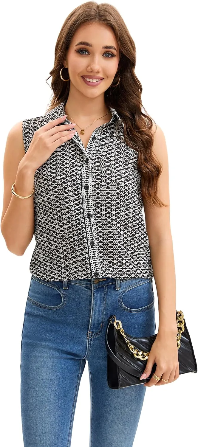 Womens Sleeveless Button Down Shirts Casual Collared Tank Top V Neck Summer Blouses Work Office Chiffon Tops