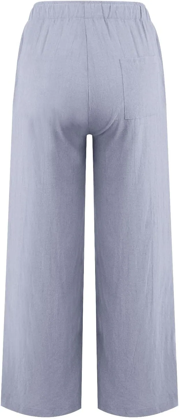 Women's Summer Linen Pants Flowy Wide Leg Long Lounge Pant Drawstring Trousers with Pocket