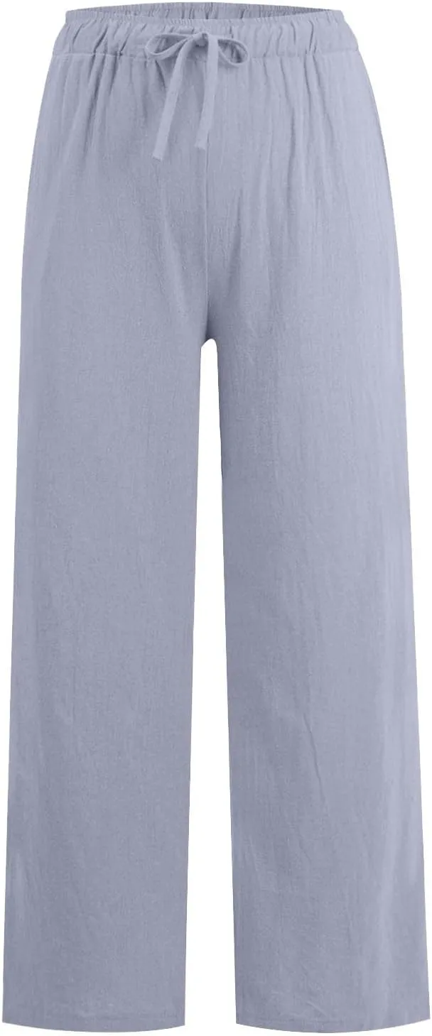 Women's Summer Linen Pants Flowy Wide Leg Long Lounge Pant Drawstring Trousers with Pocket