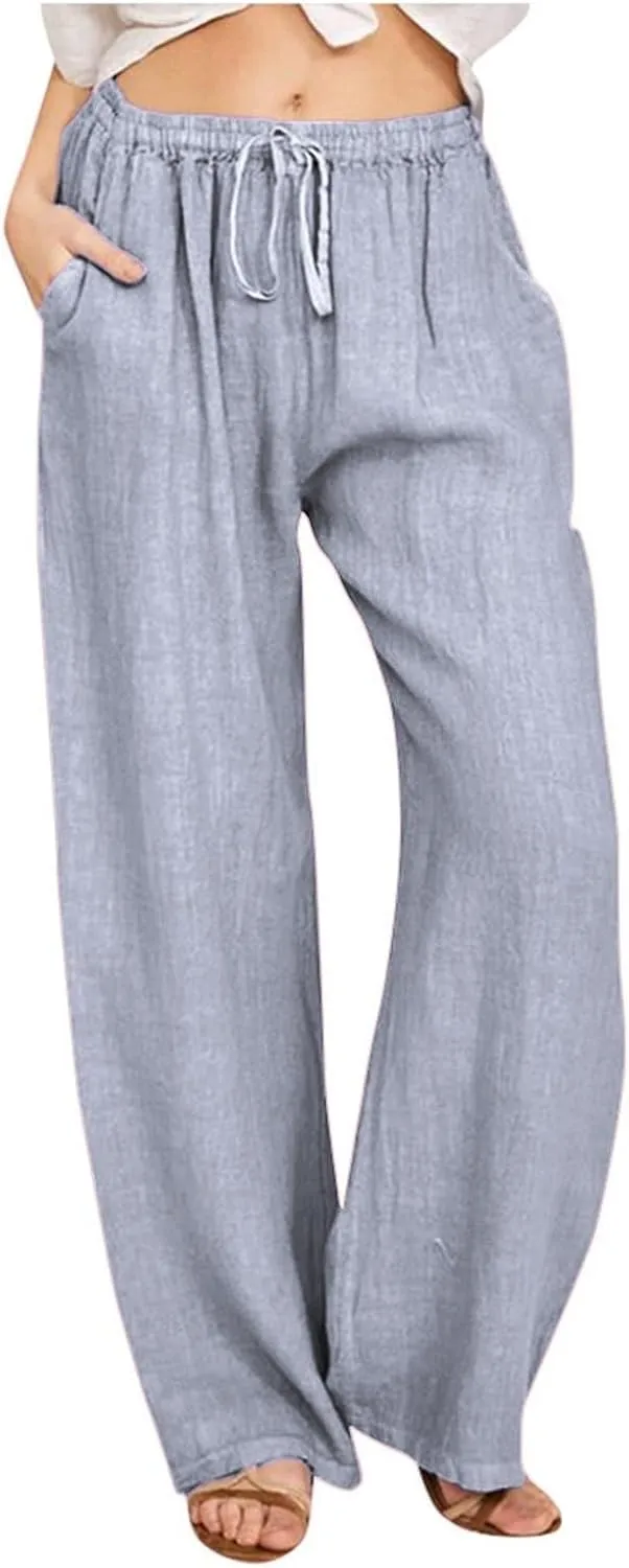 Women's Summer Linen Pants Flowy Wide Leg Long Lounge Pant Drawstring Trousers with Pocket